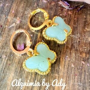 Gold and jade carved butterfly charms dangle earrings